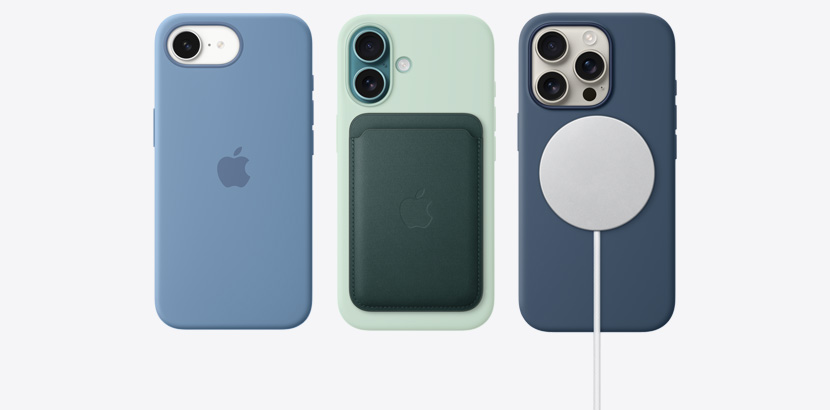 Çeşitli silikon kılıflar ve MagSafe Şarj Aygıtı gibi aksesuarlarla birlikte iPhone 16e ve iPhone 16 ürün serisi.