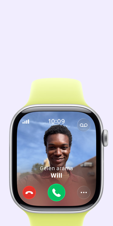 Apple Watch Series 11, alüminyum kasa, Uzay Grisi renk, gelen arama, kişi fotoğrafı, arama kabul etme ve reddetme düğmeleri, sağ dış görünüm, Digital Crown, Spor Kordon, neon sarı renk
