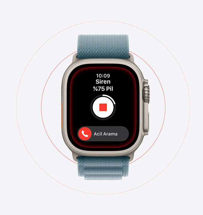 Apple Watch Ultra 3, titanyum kasa, natürel renk, Siren etkin, Acil arama düğmesi