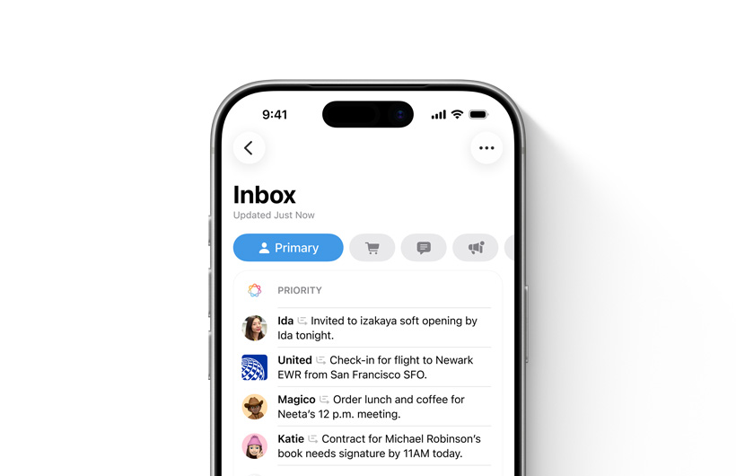 iPhone 展示郵件 app 中的收件匣，重要訊息位於頂部