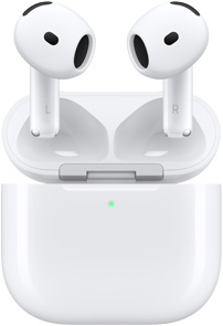 Otvorené nabíjacie puzdro k slúchadlám AirPods 4, nad ktorým sa vznášajú AirPods.