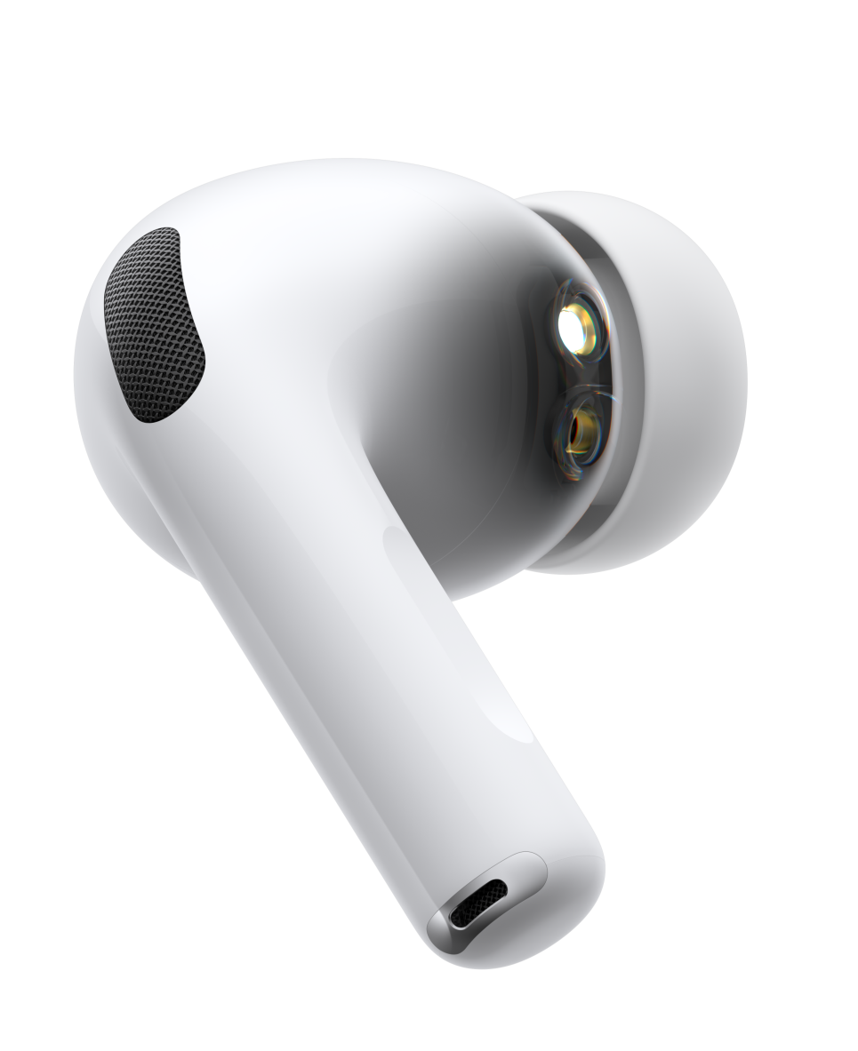 AirPods Pro 3, écouteur sans fil, coloris blanc, côté, tige courte tubulaire, onde vibrante