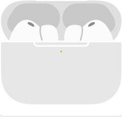 Dessin des AirPods Pro 3 dans le Boîtier de charge MagSafe (USB-C), boîtier aux bords arrondis, voyant d’alimentation LED, boîtier ouvert, largeur en millimètres