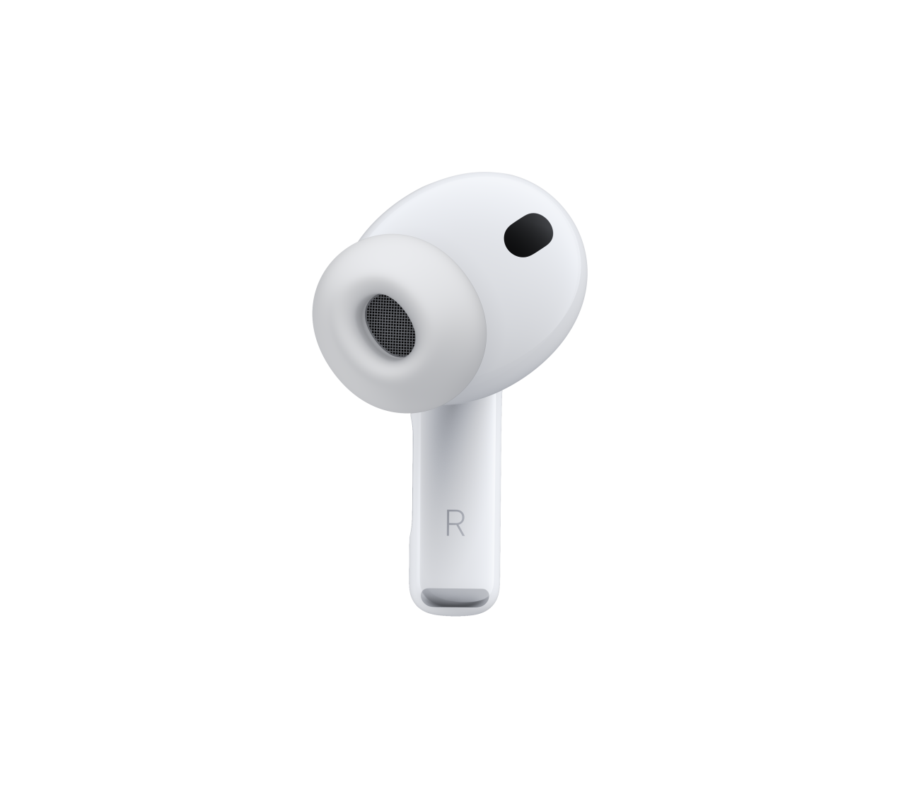 白色 AirPods Pro 3，展示降噪麥克風和矽膠耳塞套，短耳機柄標有字母 R