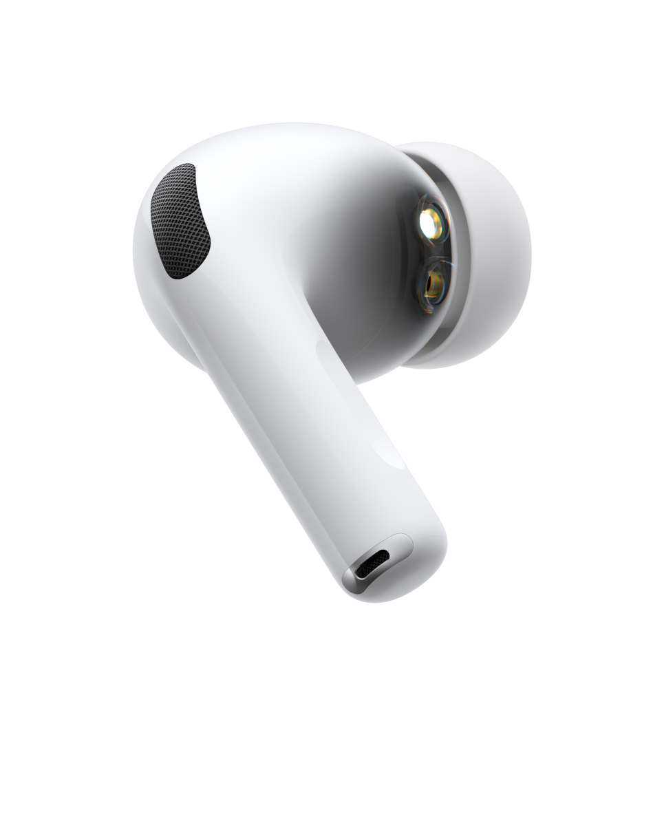 白色 AirPods Pro 3 無線耳機，展示機身側面、短管狀耳機柄、降噪麥克風、矽膠耳塞套和脈動波