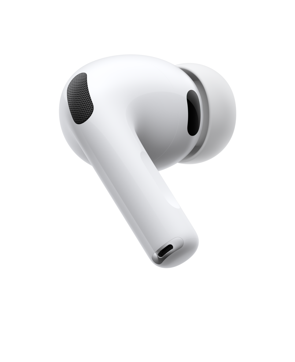 白色 AirPods Pro 3 無線耳機，展示機身側面、短管狀耳機柄、降噪麥克風、矽膠耳塞套和脈動波