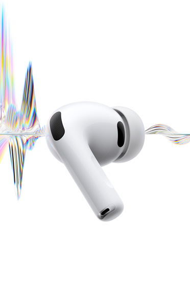 白色 AirPods Pro 3，展示降噪麥克風、矽膠耳塞套和短耳機柄