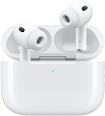 白色 AirPods Pro 3 和 MagSafe 充電盒 (USB-C)，展示充電盒的圓角外觀和 LED 電源指示燈；充電盒盒蓋打開，展示無線耳筒和矽膠耳塞，耳筒柄內側綴有字母 L 和 R