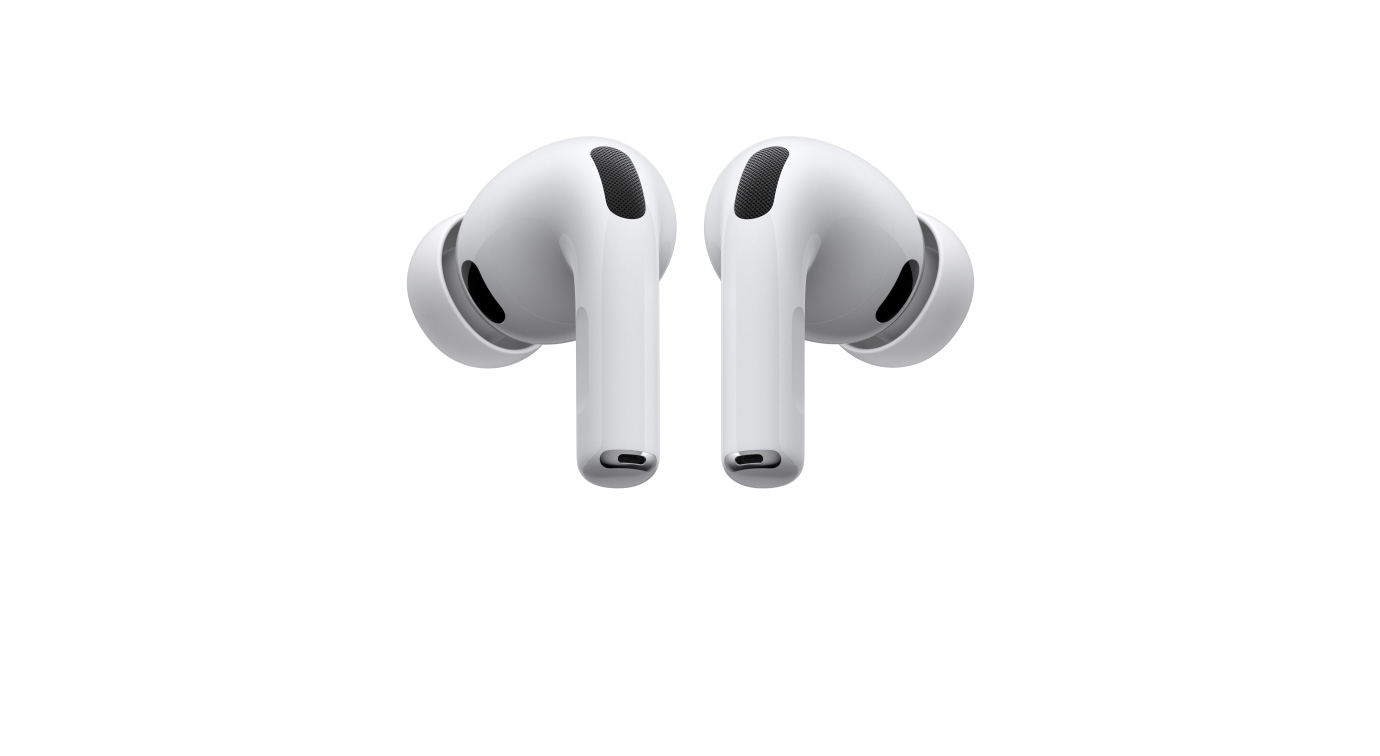 白色 AirPods Pro 3，左右兩邊的無線耳筒及矽膠耳塞