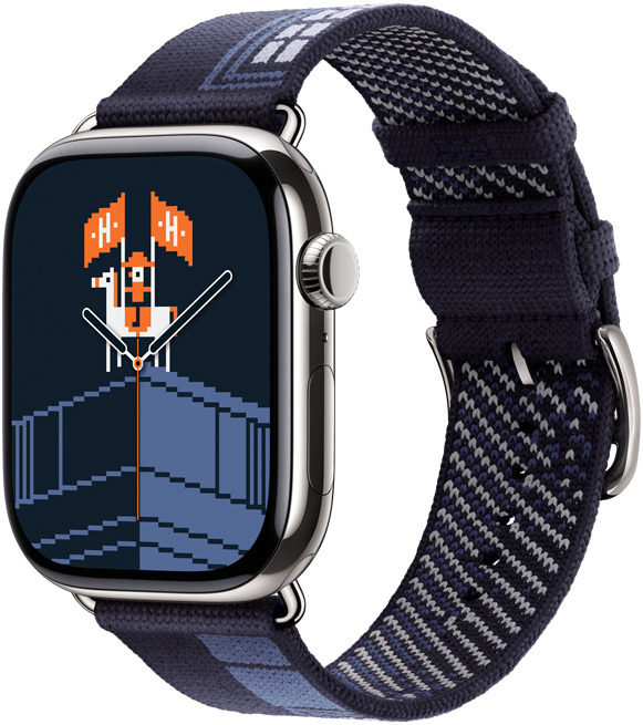 Apple Watch Hermès Series 11, titanium case, silver color, Faubourg Party watch face and band