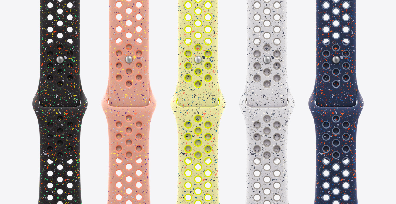 Nike Sport Band available colors: midnight black, alpenglow pink, volt splash, veiled grey, blue ribbon