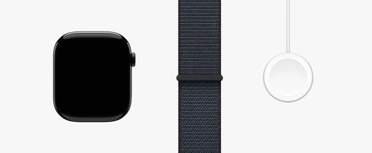 Usporiadané v rade: pohľad spredu na hardvér hodiniek Apple Watch Series 10, športovú slučku vo farbe fialový tuš a magnetický rýchlonabíjací kábel USB-C.