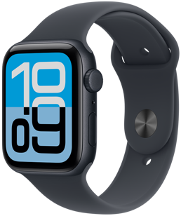 Apple Watch SE 3, aluminum case, midnight color, Flux watch face, right side exterior, Digital Crown, microphone, side button, Midnight Sport Band, silver pin-and-tuck closure