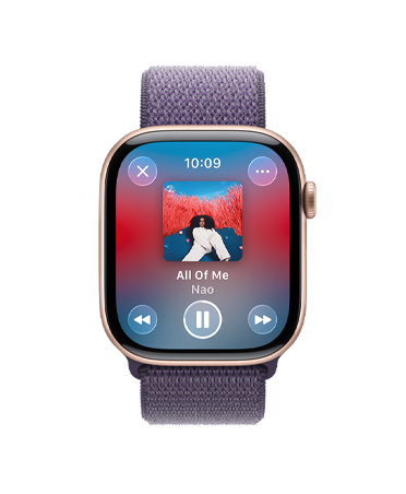 Apple Watch Series 11, rose gold color, aluminum case, Apple Music controls, workout playlist, right side exterior, Digital Crown, band, purple fog Sport Loop