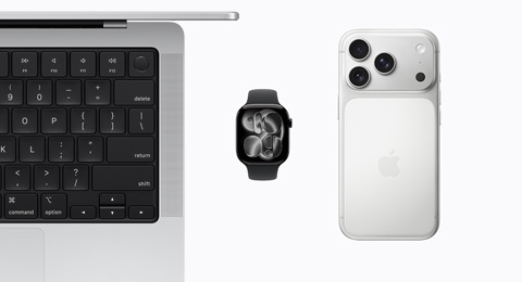 An open MacBook in Silver color, an Apple Watch Series 11 in Jet Black color, and an iPhone 17 Pro in Silver color