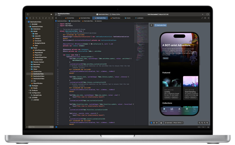 一台打開的 Mac，顯示著 Xcode 應用程式。