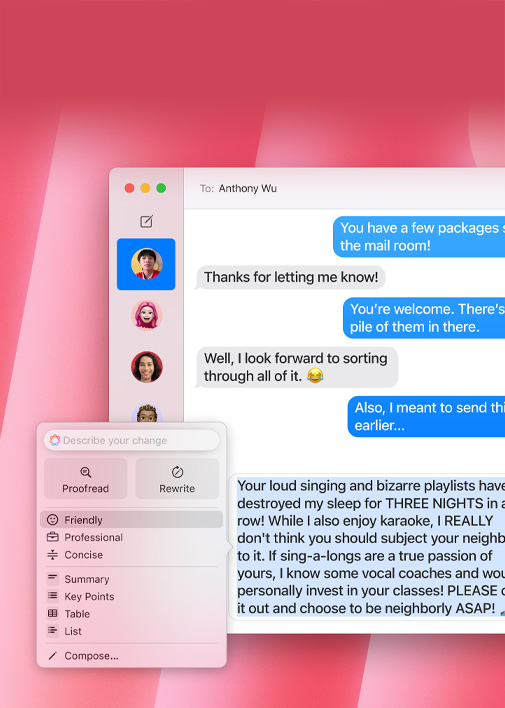 Eine Demonstration des Schreibwerkzeuge Features. Der erste Entwurf einer E‑Mail wird mit der Option «Professionell» in eine Version umgewandelt, die professioneller klingt