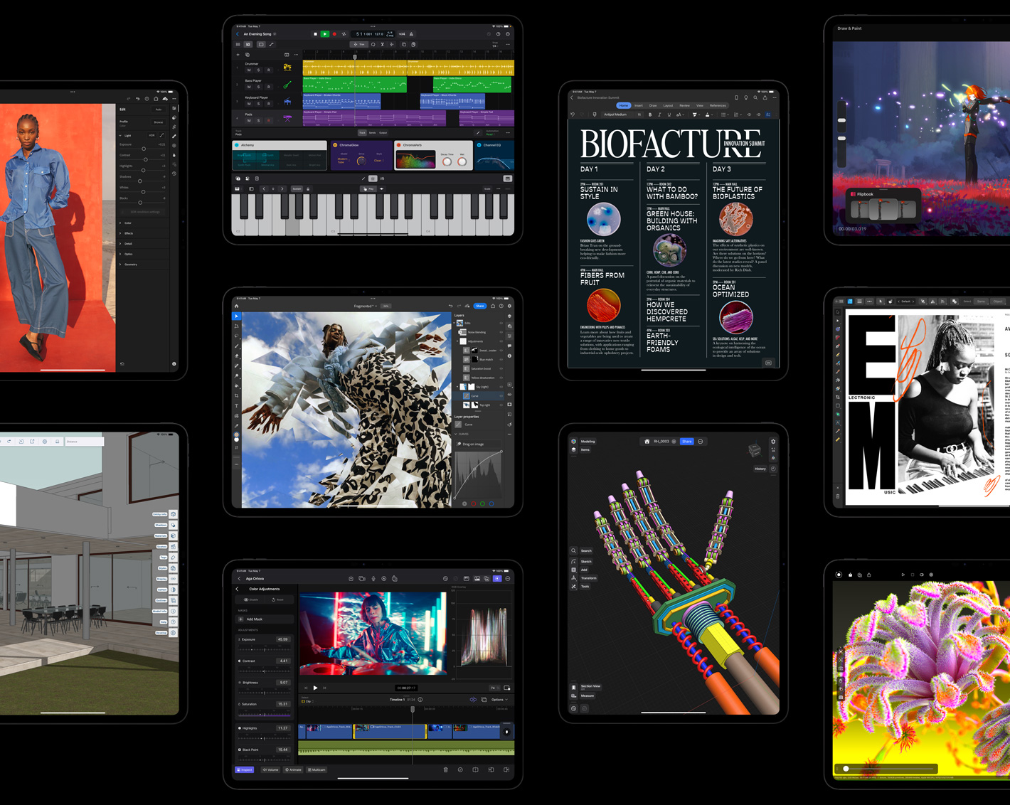 Tien iPad Pro’s waarop verschillende apps te zien zijn, waaronder Adobe Lightroom voor iPad, Trimble SketchUp, Logic Pro voor iPad, Adobe Photoshop, Final Cut Pro voor iPad, Microsoft Word, Shapr3D, Procreate Dreams, Affinity Designer 2 voor iPad en Octane X