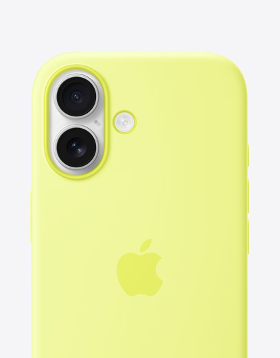 iPhone 17, back exterior with silicone case in yellow, Fusion camera system in top left corner, Apple logo centered