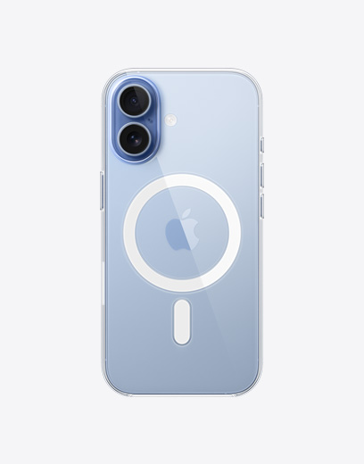 iPhone 17 機身背面，展示 MagSafe 透明護殼，融合相機系統位於左上角
