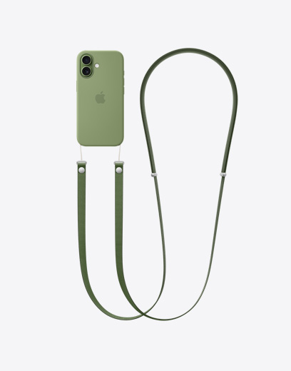 iPhone 17 機身背面，展示綠色護殼，連接綠色斜孭掛繩