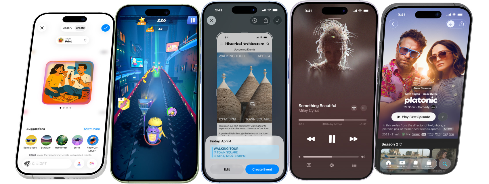 iPhone 17の複数のデバイスが並んでグルグルと回転し、止まるとiPhoneの機能が表示された画面が見える
