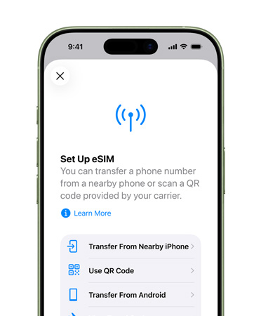 iPhone 17の前面の外観。eSIMを使って電話番号を簡単に転送するための「モバイル通信を設定」機能が使用されている
