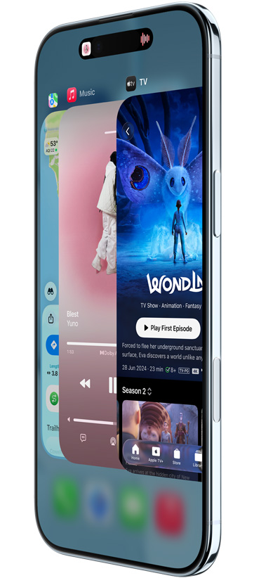iPhone Air, front exterior, side exterior, with Maps, Music, and Apple TV+ apps, showcasing the App Switcher feature in use