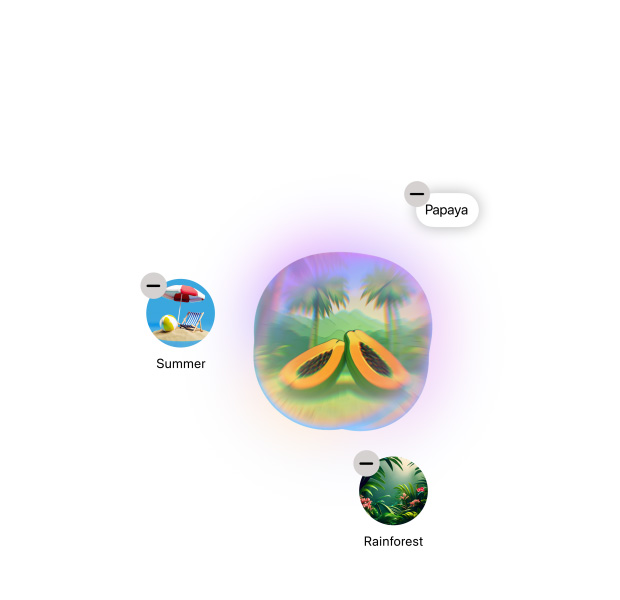 Feature Demonstration: Image Playground generiert mehrere Bilder anhand der Wörter «Papaya», «Sommer» und «Regenwald»