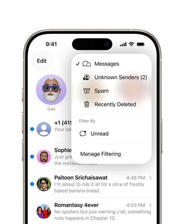 iPhone, top two-thirds only, screen shows Messages app with the new screening tools overlay menu feature