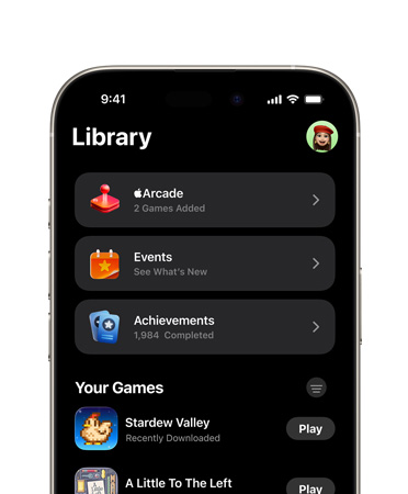 iPhone, top half only, screen shows Games app layout, including Library tab, Apple Arcade, Events, Achievements, and All Games section