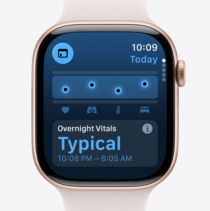 Apple Watch Series 11, aluminum case, rose gold color, Vitals app, health score chart, overnight vitals notification, Sport Band, light blush color