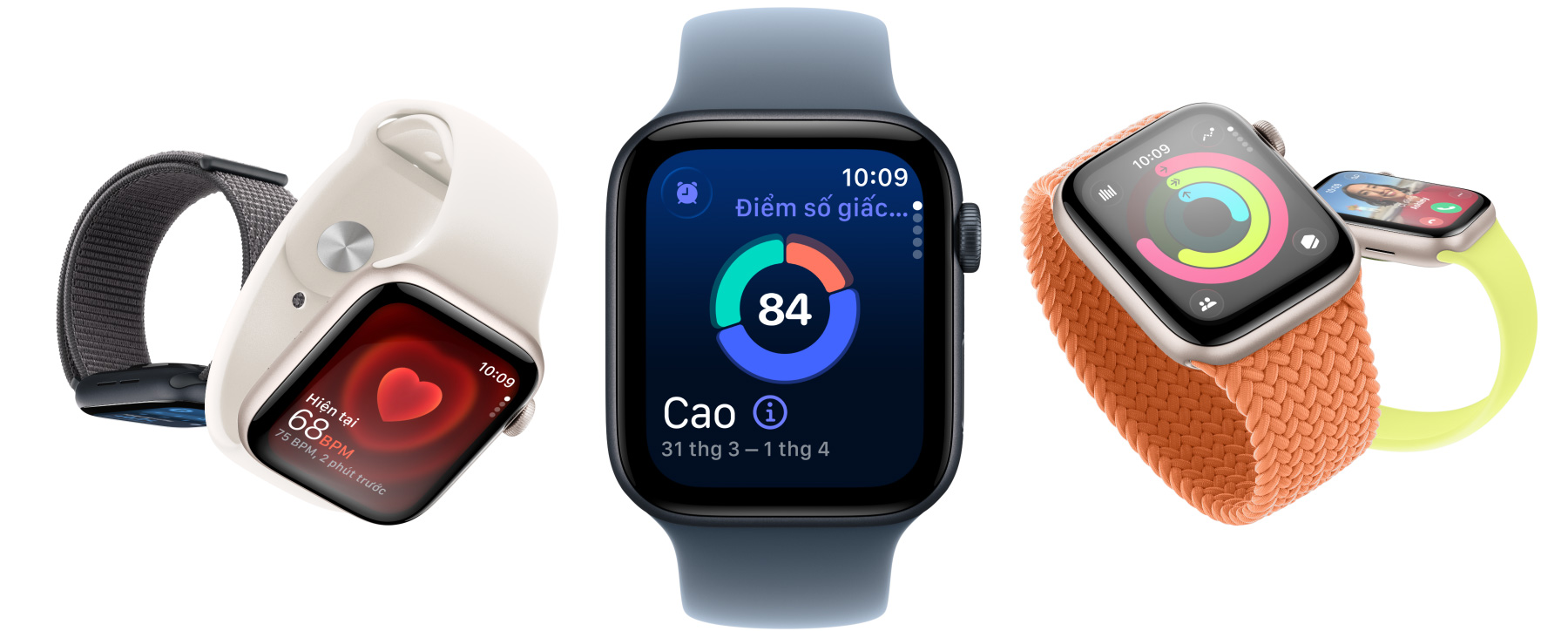 Các thiết bị Apple Watch SE 3, vỏ nhôm, màu ánh sao và màu đêm xanh thẳm, màn hình: ứng dụng Sinh Hiệu, ứng dụng Nhịp Tim, Điểm Số Giấc Ngủ, các vòng Hoạt Động, cuộc gọi đến