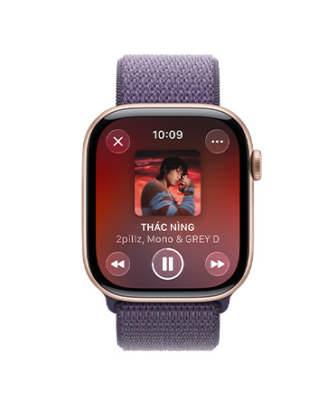 Apple Watch Series 11, rose gold color, aluminum case, Apple Music controls, workout playlist, right side exterior, Digital Crown, band, purple fog Sport Loop