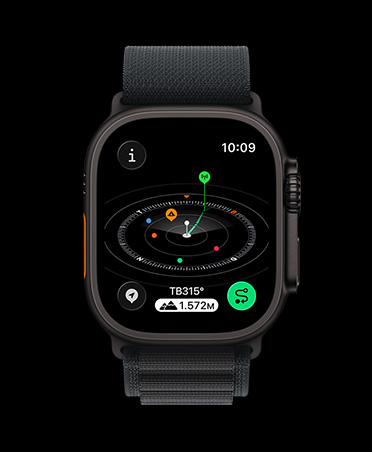 Apple Watch Ultra 3, màu đen, vỏ titan, ứng dụng La Bàn, tọa độ điểm được đánh dấu, dây đeo, Dây Quấn Alpine màu đen