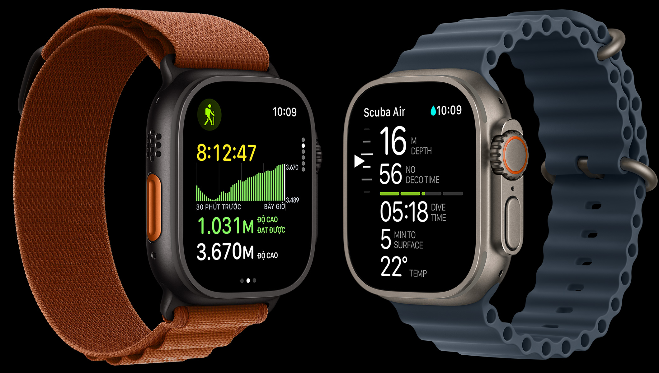 Thiết bị Apple Watch Ultra 3, vỏ titan, màu đen và tự nhiên, bản đồ đường mòn, chỉ số lặn