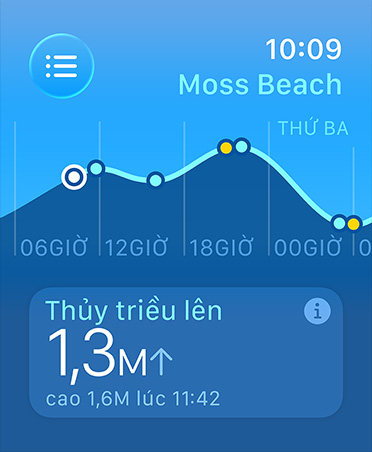 Ứng dụng Thủy Triều, chỉ số: thủy triều cao và thấp, thủy triều lên và xuống, biểu đồ đường ước tính thời gian và điểm thủy triều