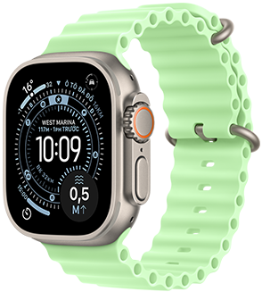 Apple Watch Ultra 3, màu tự nhiên, vỏ titan, mặt đồng hồ Chạy Định Hướng, các tổ hợp: Chỉ Số UV, Hoạt Động, Vệ Tinh, La Bàn, mặt ngoài bên phải, Digital Crown, micrô, nút sườn, Dây Đeo Ocean, màu xanh dạ quang