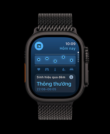 Apple Watch Ultra 3, màu đen, vỏ titan, ứng dụng Sinh Hiệu, biểu đồ điểm sức khỏe, thông báo về các chỉ số Sinh Hiệu Qua Đêm bất thường, dây đeo, Dây Quấn Milan màu đen