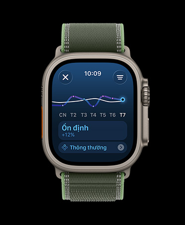 Apple Watch Ultra 3, màu tự nhiên, vỏ titan, lịch và biểu đồ đường của khối lượng tập luyện, dây đeo, Dây Quấn Trail, màu xanh/dạ quang