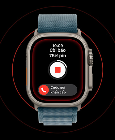 Apple Watch Ultra 3, màu tự nhiên, vỏ titan, màn hình Còi Báo được kích hoạt, nút dừng và Cuộc Gọi Khẩn Cấp SOS, Dây Quấn Alpine màu xanh mỏ neo