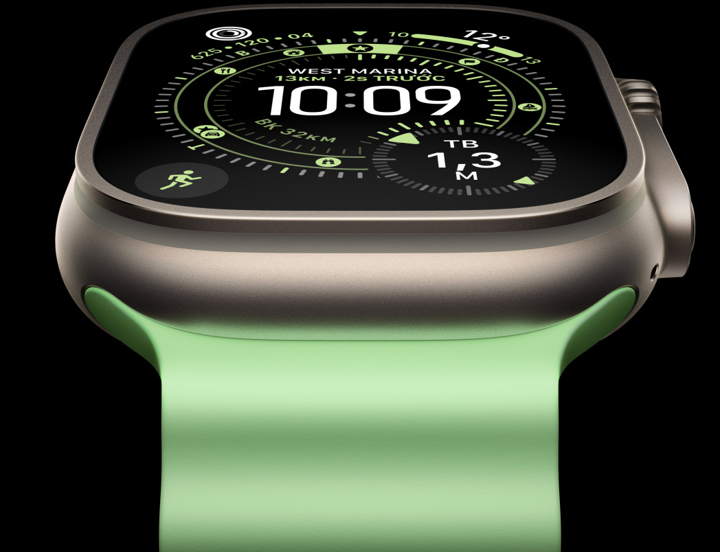 Apple Watch Ultra 3, vỏ titan, màu tự nhiên, la bàn trên mặt đồng hồ Chạy Định Hướng, Dây Đeo Ocean, màu xanh dạ quang