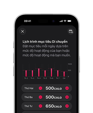 Mặt trước của iPhone 16, giao diện người dùng hiển thị Lịch Trình Mục Tiêu Di Chuyển