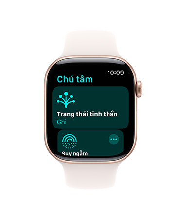 Apple Watch Series 10, Dây Đeo Thể Thao màu trắng, mặt trước, giao diện người dùng hiển thị nội dung Chú Tâm, Trạng Thái Tinh Thần, Bản Ghi