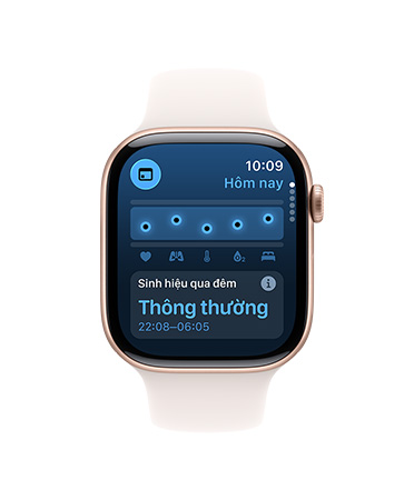 Apple Watch Series 10, dây đeo Thể Thao màu trắng, giao diện người dùng hiển thị nội dung Sinh Hiệu, Nhiệt Độ Cổ Tay, bên cạnh đó là Apple Watch Series 10 thứ hai, dây đeo thể thao màu đen, giao diện người dùng hiển thị nội dung Sinh Hiệu, Nhiệt Độ Cổ Tay, Nhịp Tim, Phân Tích