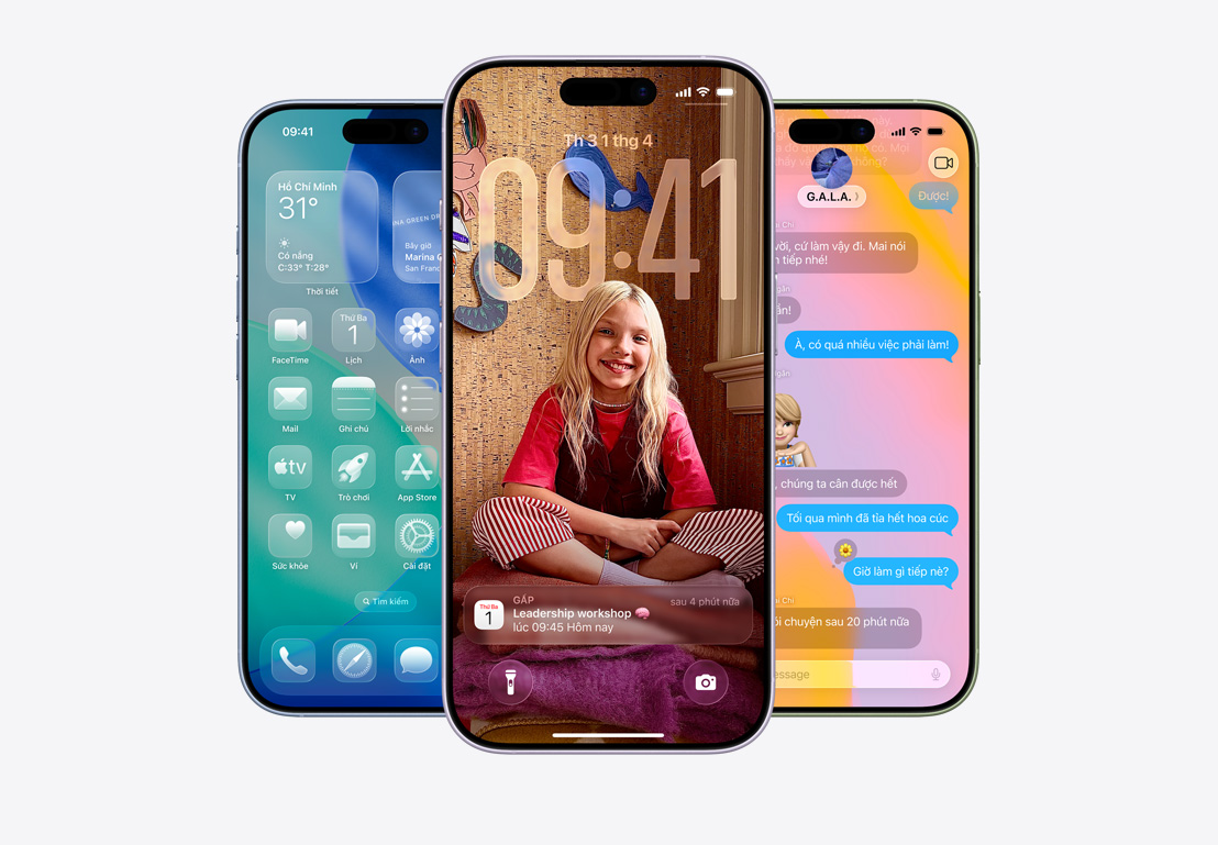 Màn hình iPhone hiển thị cửa sổ sàng lọc cuộc gọi bật lên, màn hình iPhone hiển thị cửa sổ ứng dụng Mail và Tin Nhắn bật lên với thiết kế Liquid Glass, màn hình iPhone hiển thị chuỗi Tin Nhắn với hình nền Liquid Glass