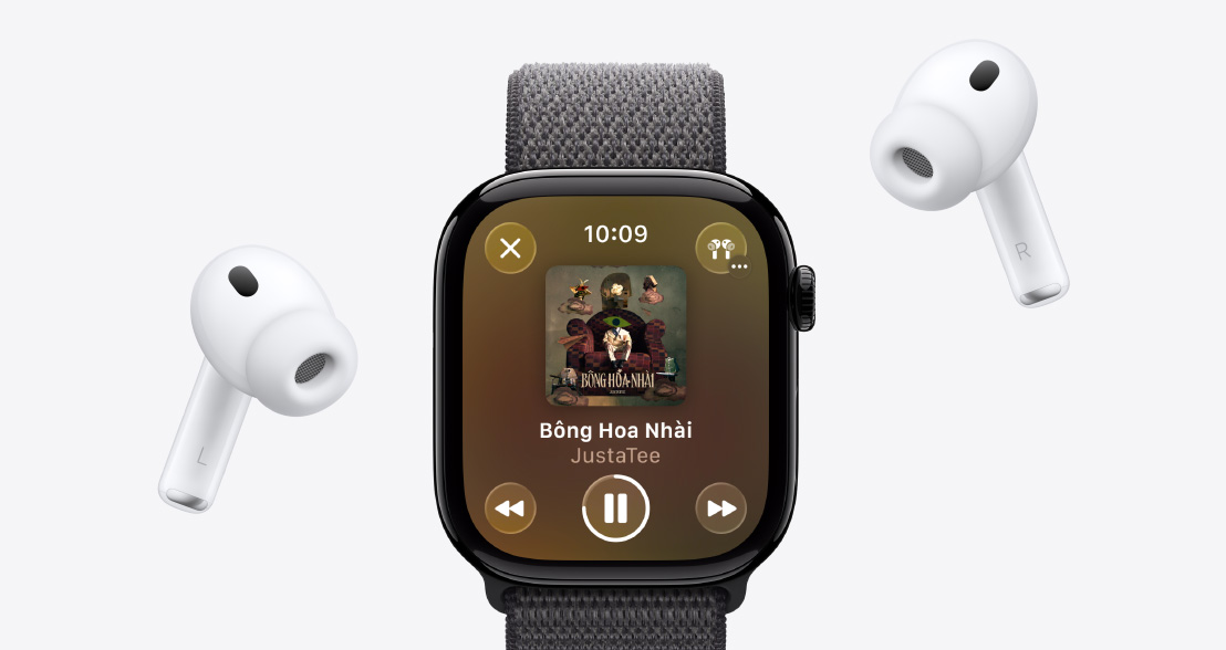 AirPods Pro 3, white, silicone tips, Apple Watch Series 11, aluminum case, polished jet black color, Apple Music playing, Sport Loop, anchor blue color