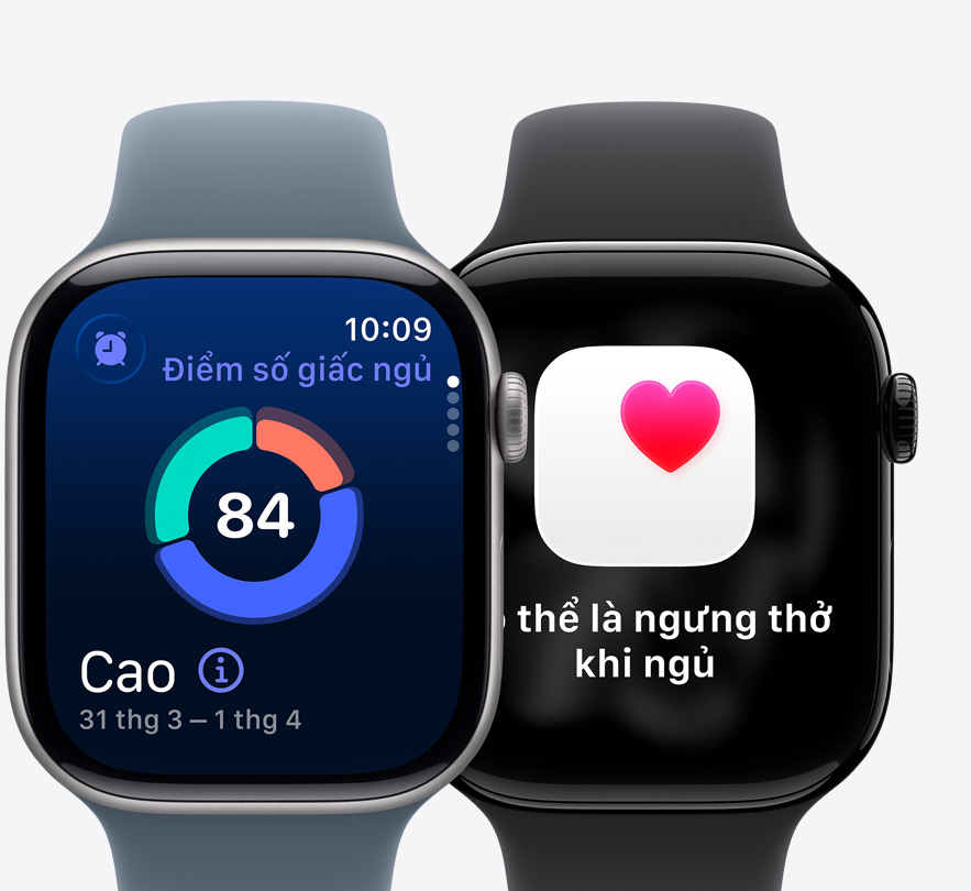Mặt trước của hai chiếc Apple Watch Series 10 hiển thị màn hình Các Giai Đoạn Ngủ và thông báo Có Thể Ngưng Thở Khi Ngủ.